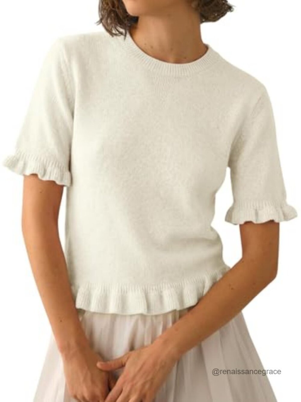 Cropped Short Sleeve Knit Peplum Top Ruffle Hem Crew Neck